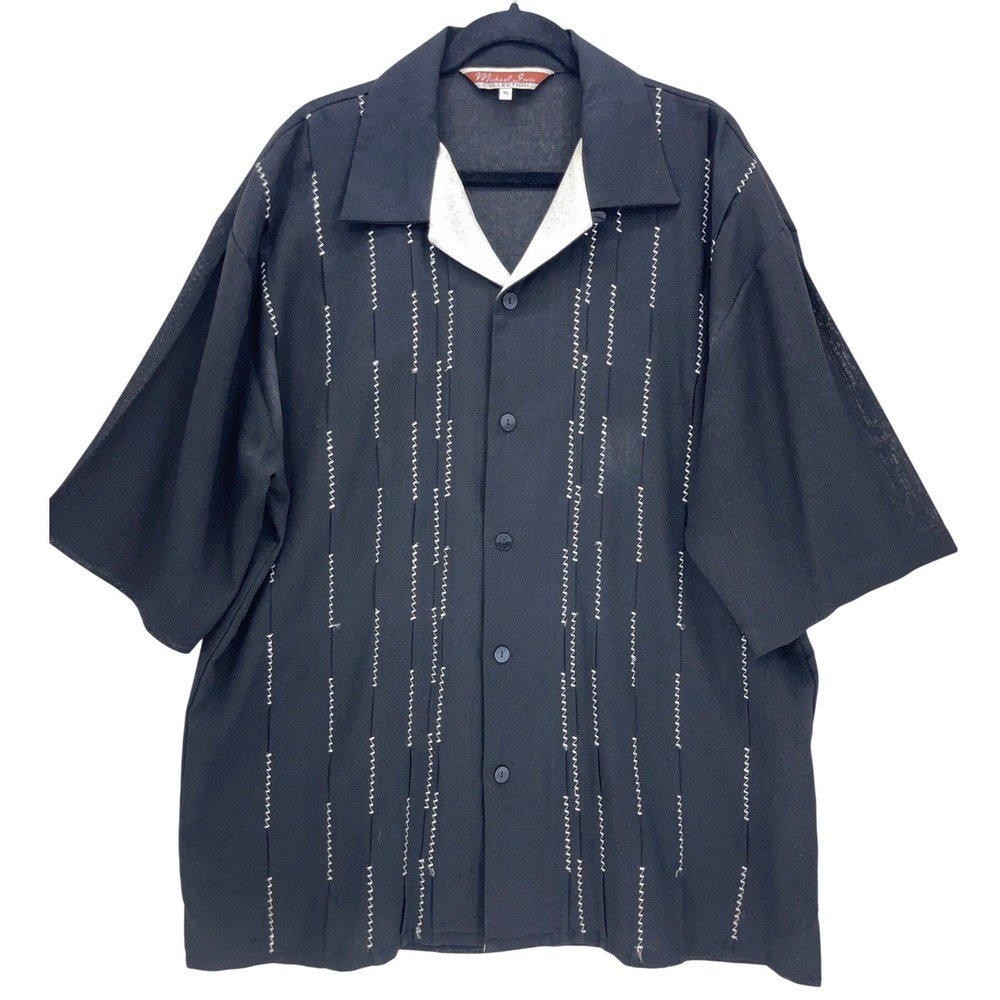 Michael Irvin Black Linen Blend Short Sleeve Button Up Shirt XL ZigZag Stitch